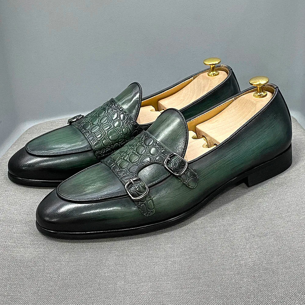 Luxury Men's Genuine Cow Leather Dress Shoes Green Black Slip-on Loafer Monk Strap Buckle Casual Business Wedding Footwear